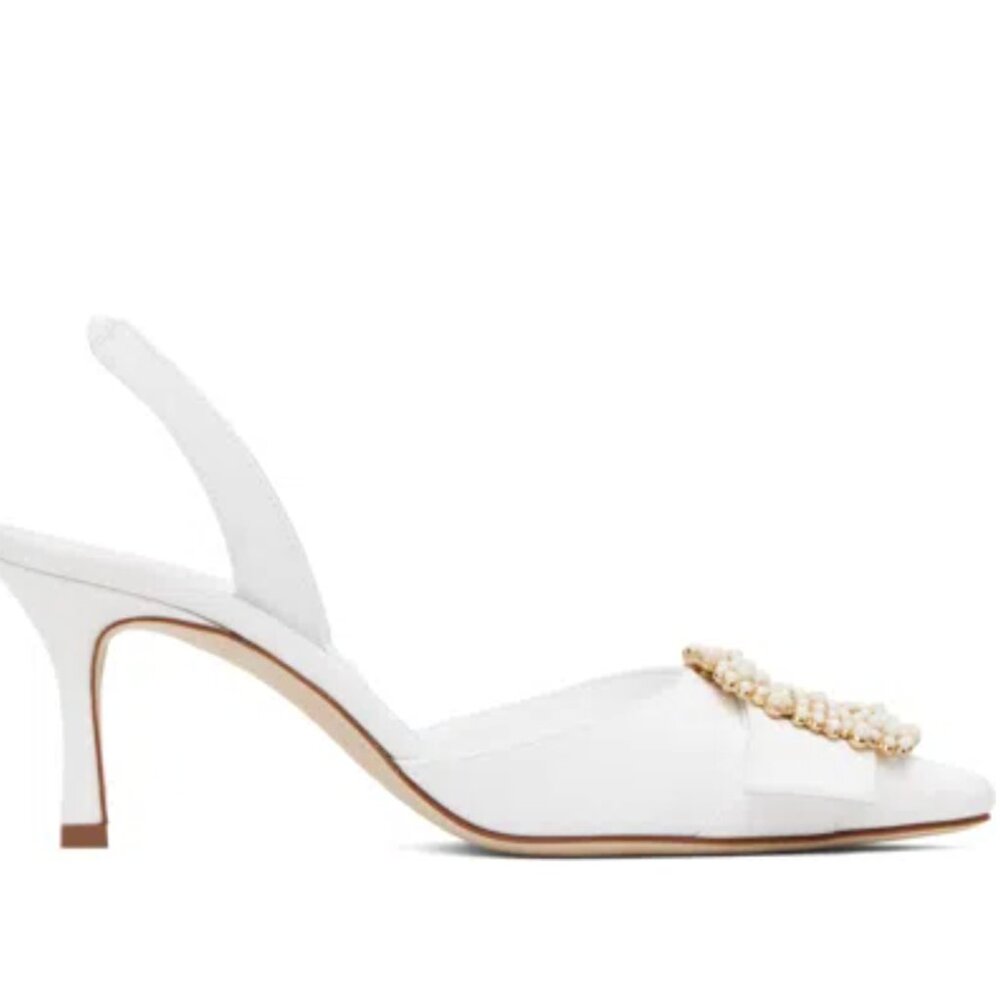 Manolo Blahnik White Pearl-Embellished Slingback Heels - Picture 3 of 15